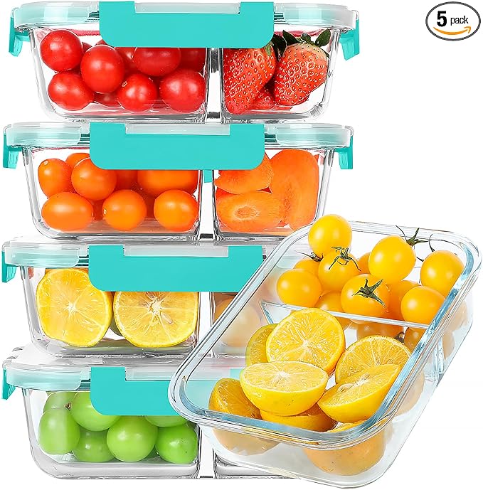 KOMUEE 30 oz 5 Pack Glass Meal Prep Containers 2 Compartments, Glass Food Storage Containers with Lids, Airtight Lunch Box, Microwave, Oven and Freezer Safe, Green