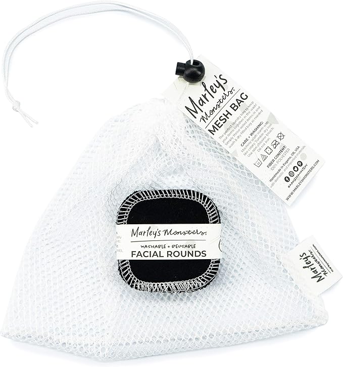 Marley's Monsters Facial Rounds 20 Count Pack + Laundry Bag - Soft and Reusable Cotton Rounds (Black)