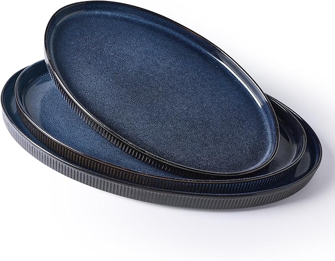 famiware Serving Platter, 16/14.6/12.9 Inch Serving Dishes for Entertaining, Party Serving Trays for Food, Buffet Oval Platters for Food, Large Plates for Bread Turkey Cheese Appetizer, Nebulas Blue