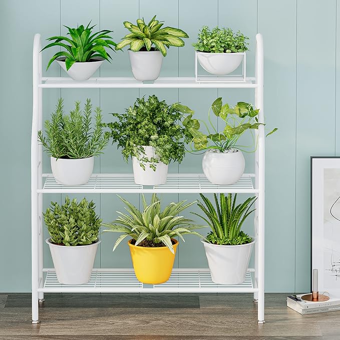 SORCEDAS Plant Stand Indoor Outdoor Plant Shelf 3 Tier Metal Corner Flower Stand Multiple Holder for Patio Garden Balcony Living Room, White
