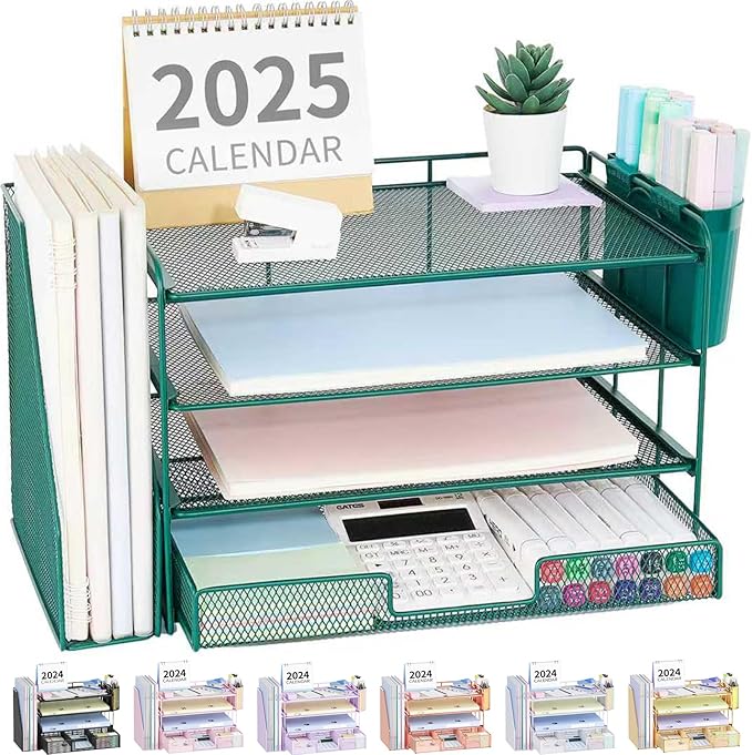 OPNICE Desk Organizer and Accessories, 4-Tier Desktop File Organizer with Drawer and 2 Pen Holders, Office Desk Accessories, File Sorters, Workspace Organizers for Office Supplies(Dark Green)