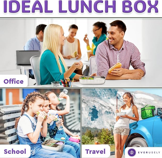Everusely - Bento Box - Lavender, 60oz / 1.8 L - Stainless Steel Lunch Box with Leakproof Condiment Container - 3 Compartment Snack Organizer for On the Go Meals - Freezer & Dishwasher Safe