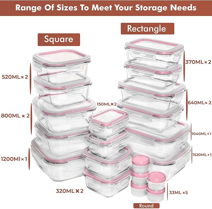 Razab 35 Pc Set Glass Food Storage Containers with Lids - Meal Prep Airtight Bento Boxes BPA-Free 100% Leak Proof (15 lids,15 glass & 5 Plastic Sauce/Dip Containers)
