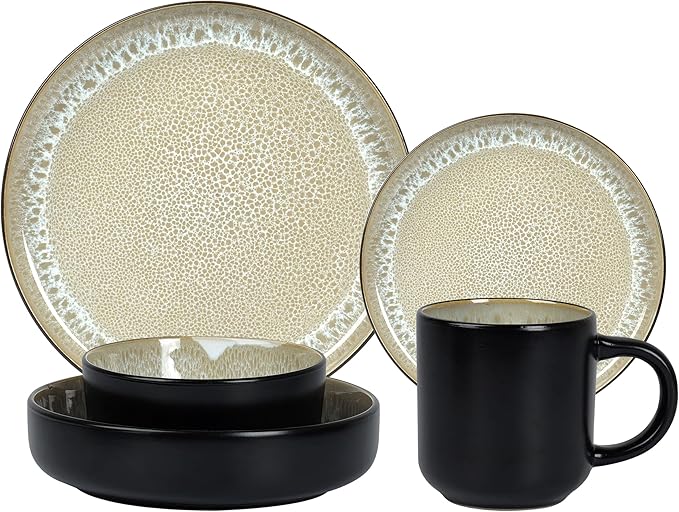 HomeVss 20-Piece Dinnerware Set - Serves 4, Reactive Glaze Bubble Beige Plates & Bowls Set | Microwave & Dishwasher Safe Dishes Set