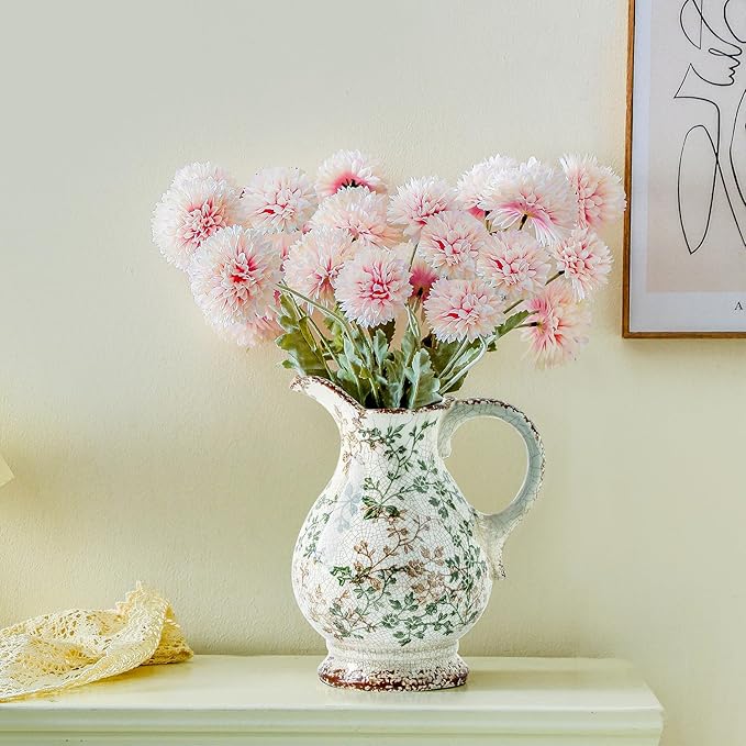 Enra Large Vintage Green Ceramic Vase and Pitcher for Home Decor, 9.7 Inch Rustic Chinoiserie Decorative Vases, Green and Beige Ceramic Vases for Living Room, Kitchen, Office – Large Vases for Decor