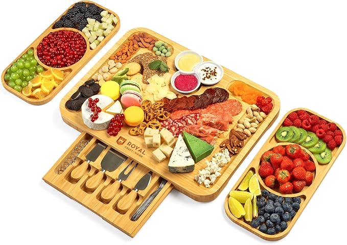 ROYAL CRAFT WOOD Bamboo Cheese Board and Knife Set with Charcuterie Board & Serving Tray with Appetizer Plates & Side Trays (17.5 x 13)