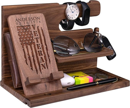 Personalized Veterans Day Gifts Nightstand Organizer for Veteran - Unique Docking Station for Soldiers in Navy, Air Force, Army, Coast Guard, Marineman - Thank You Veterans Gifts, Military Gift