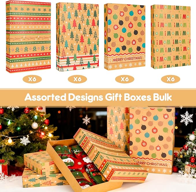 joyhalo 24 Pack 14.5" Christmas Gift Boxes with Lids for Presents, 4 Designs Gift Boxes Bulk, Kraft Gift Wrapping Boxes for Clothes,Shirts,Robes,Sweaters and Socks