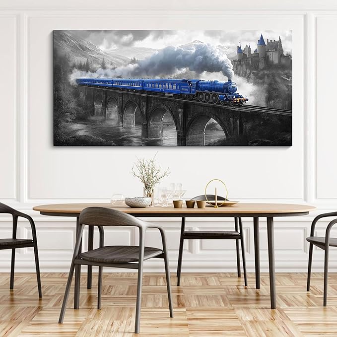 JEAWA Large Canvas Wall Art - Blue White Gray Landscape Painting Decor, Picture with Castle Bridge Train, Modern Art Prints for Living Room Bedroom Home Decoration, 29x58 IN