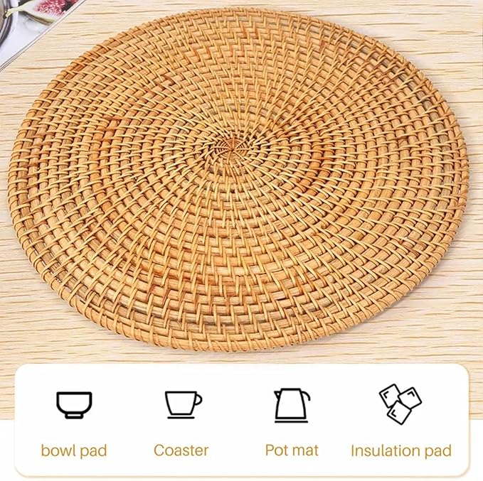 Round Woven Placemats, 13.7in Round Rattan Placemats Table Placemat Multifunctional Oval Tableware Mats Farmhouse Braided Place Mats for Indoor Decor Dining Supplies