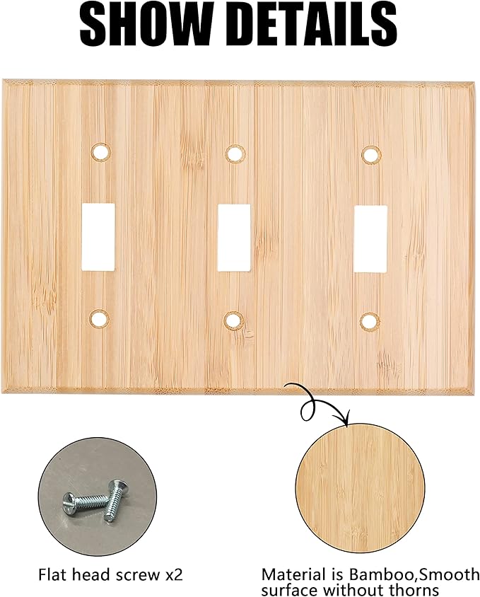 Raw Wood Light Switch Cover Decorative Triple Toggle Wall Plate 6.3" x 4.5" Bamboo Quality Light Switch Plate Cover for Bedroom Kitchen Home Decor (Triple Toggle)