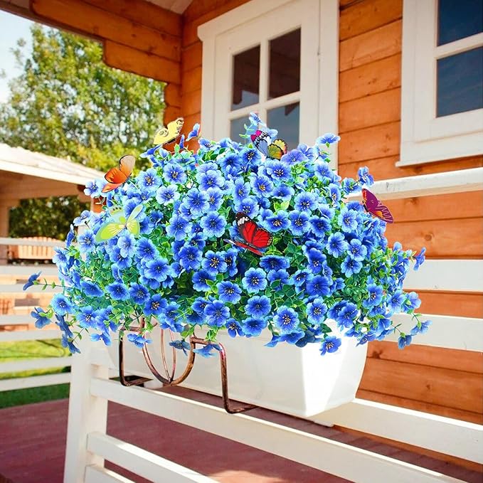 20 Bundles Artificial Flowers for Outdoors‌ with 6 Faux Butterflies, UV Resistant Fake Flowers‌ with Eucalyptus Leaves, Artificial Plants Outdoor‌ for Patio Garden Porch Home Decor (Blue)