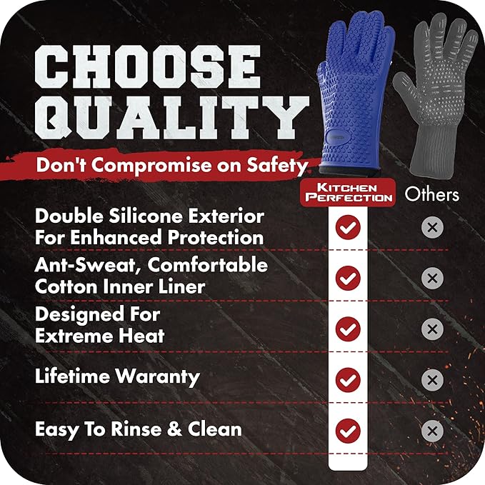 KITCHEN PERFECTION XL Silicone Smoker Oven Gloves-Extreme Heat Resistant BBQ Gloves-Handle Hot Food Right on Your Grill Fryer&Pit|Waterproof Grilling Cooking Baking Mitts|Superior Value Set+3 Bonuses