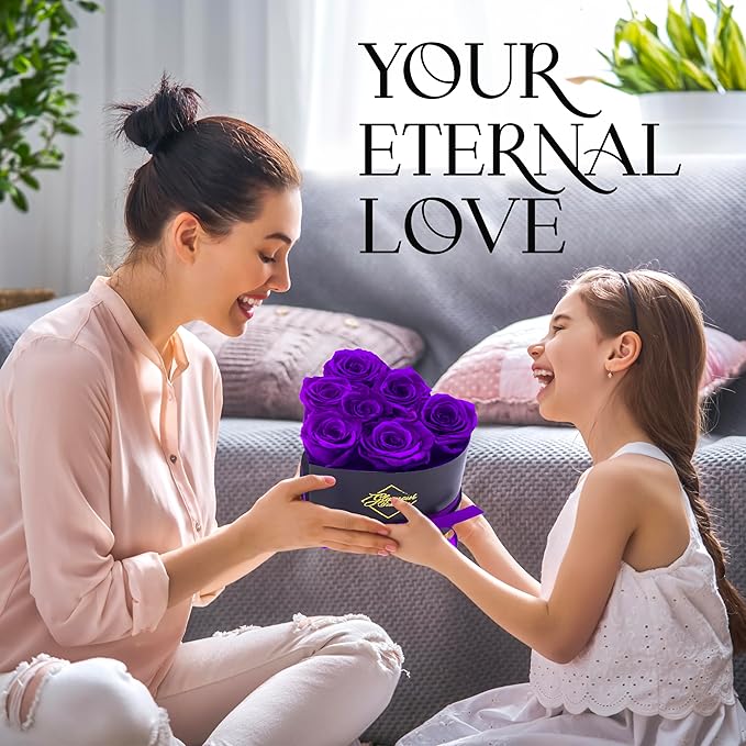 GLAMOUR BOUTIQUE 7 Flower Forever Heart Shape Box - Preserved Roses Gift for Her, Preserved Flowers, Purple