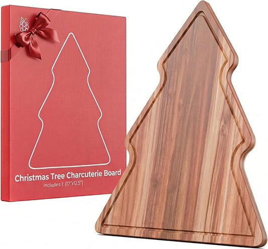 New – 17-Inch Long Large Christmas Tree Charcuterie Board – Acacia Wood Christmas Cutting Board (17x12.5in) Holiday Serving Tray, Winter Cheese Board, Wooden Christmas Platter & Kitchen Decor Gift