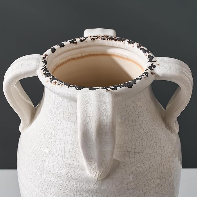 White Ceramic Vase with 4 Handles, 10.16" Tall Retro Ice Cracked Flower Vase, Antique Vases for Modern Farmhouse Home Decor, Wedding, Living Room, Table, Shelf Decor, Cracked White