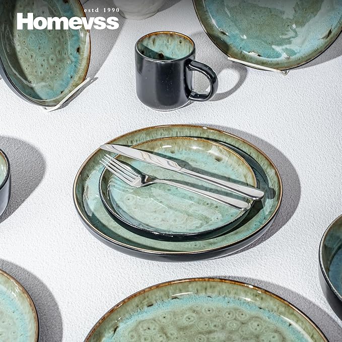 HomeVss 20-Piece Dinnerware Set - Serves 4, Reactive Glaze Bubble Green Plates & Bowls Set | Microwave & Dishwasher Safe Dishes Set