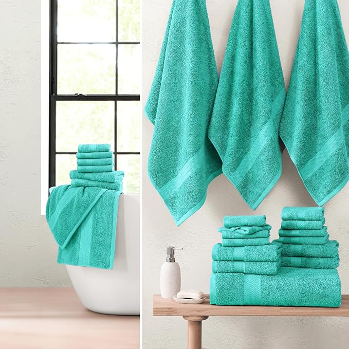 LANE LINEN 100% Luxury Cotton Towel for Bathroom - 24 Pcs - Ringspun, Quick Dry, Ultra Soft & Absorbent - 2 Bath Sheet, 4 Bath Towels, 6 Hand Towel, 8 Washcloth, 4 Fingertip - Fade Resistant - Teal