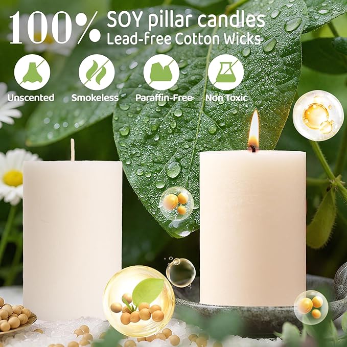 4 Pack Soy White Pillar Candles,Natural Soybean Pillar Candles,55 H Long Lasting Burning-Unscented,Dripless and Smokeless Rustic White Hand-Poured Candles Dinner Table,for Wedding,Home Decor 2.8x4in