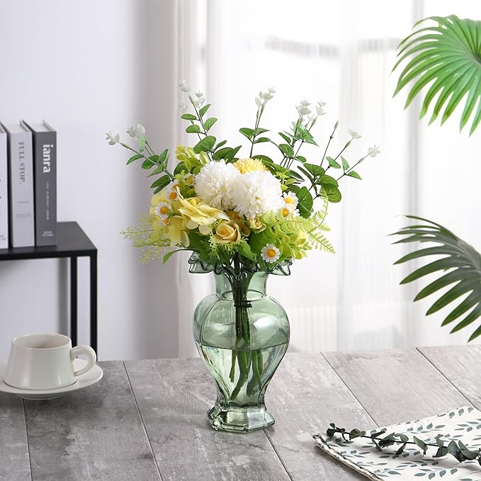 Large Glass Vase, Green Vase for Flowers, Flower Vases for Bouquet, Glass Flower Vases for Living Room, Dining Table, Shelf, Wedding, Office, Coffee Table, 9.5 Inches
