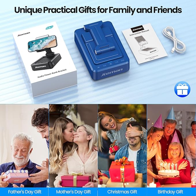 JTEMAN Cell Phone Stand with Bluetooth Speaker and Charging Function,Bluetooth Audio Power Bank Bracket,Birthday Gifts for Men Women,Kitchen Gadgets for Most Phones and Tablets-Blue