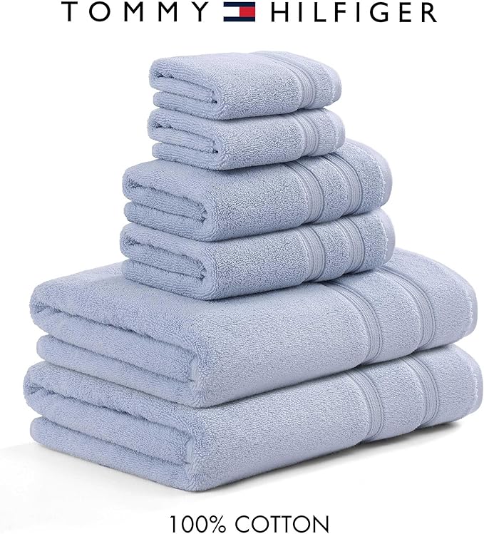 Tommy Hilfiger - Bath Towels, 100% Soft & Absorbent Plush Cotton with Zero Twist Constructions, Quick Dry and Medium Weight Bathroom Towels (Harborside Solid Light Blue, 6 Piece)