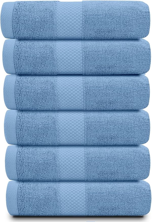 White Classic Luxury Light Blue Hand Towels - Soft 100% Turkish Cotton | Highly Absorbent Hotel spa Bathroom Towel Collection | 16x30 Inch | Set of 6
