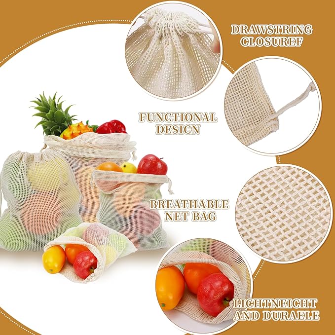 16 Pack Reusable Produce Bags, Mesh Vegetable Grocery Bag Washable, 100% Cotton Drawstring Net Storage Bags for Refrigerator, Shopping, Veggies and Fruits, Beach, Transporting, Durable, (4XL,4L,4M,4S)