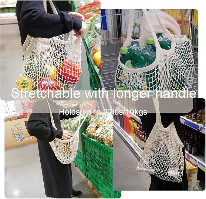 meetall Mesh Grocery Bags, Reusable Tote Bags with Sturdy Handle, Washable, Eco Friendly, Cotton String Net, for Shopping and Storage Fruit Vegetable (5 Pack, 2 Size,Off White)
