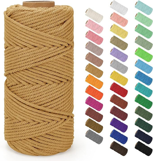Macrame Cord 4mm x 109Yards (328Feet), Natural Cotton Macrame Rope - 4 Strands Twisted Macrame Cotton Cord for Wall Hanging, Plant Hangers, Crafts, Gift Wrapping and Wedding Decorations, Light Tan