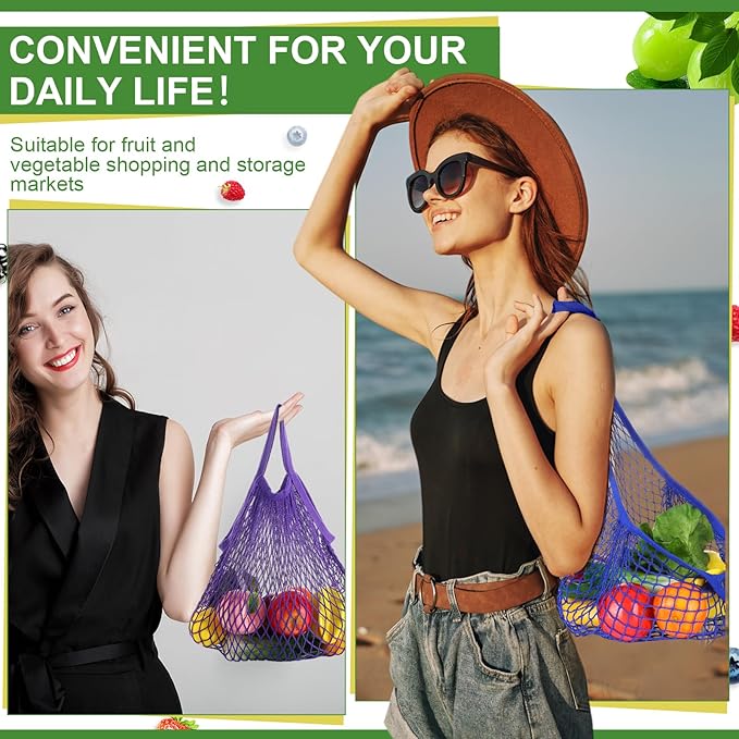 Paterr 50 Pack Cotton Mesh Produce Bags Bulk Reusable Market Bag Washable Net Grocery Purse String Shopping Tote Beach Organizer for Vegetable Fruit Picnic Food Storage (Short Handle,Multicolor)