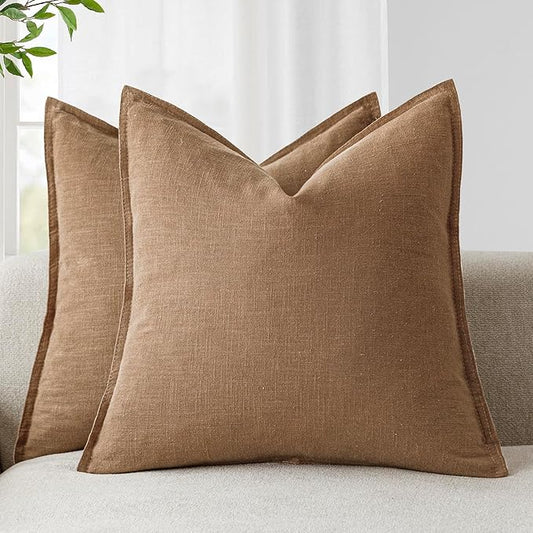 Foindtower Pack of 2, Decorative Linen Soild Throw Pillow Covers Soft Accent Cushion Case Boho Farmhouse Pillowcase for Chair Couch Sofa Bedroom Living Room Home Decor 24 x 24 Inch Light Khaki Brown