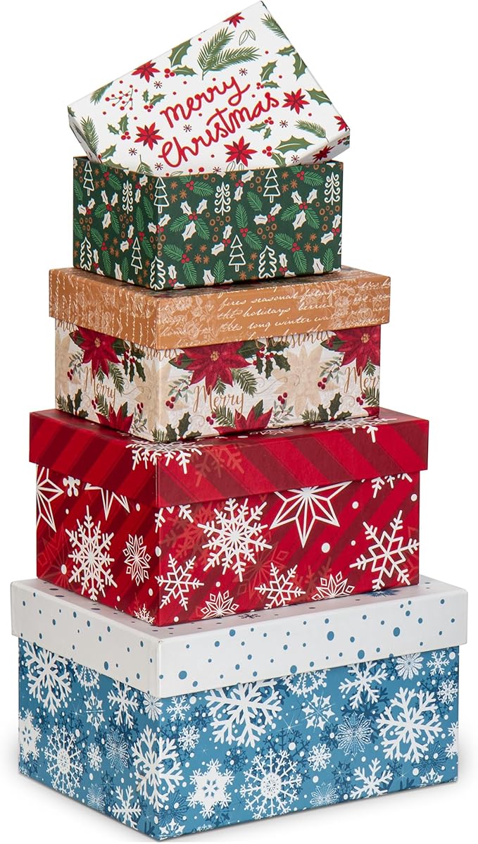 Rectangle Gift Boxes with Lids 4PCS Christmas Gift Box for Presents Nesting Assorted Sizes Present Boxes for Christmas Birthday Valentines Party Gift Wrap