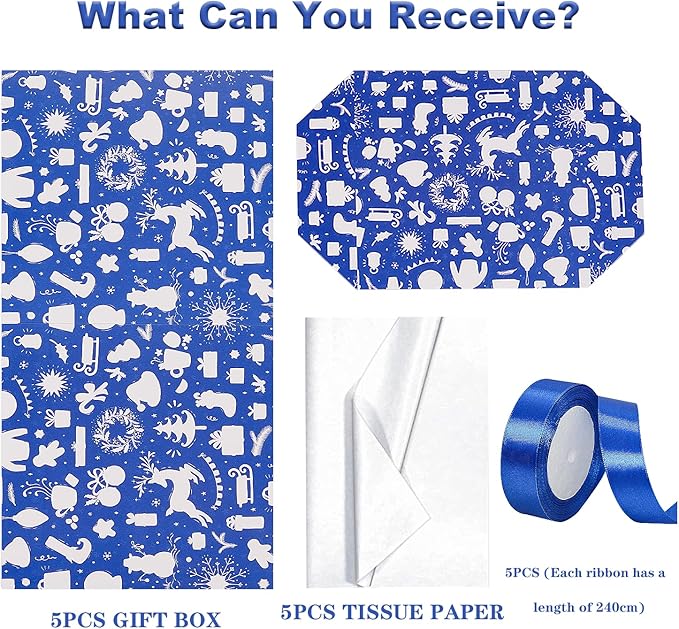 Jaywayang 5 Pack Blue Christmas Gift Boxes with Lids, Ribbons and Tissue Papers Square Gift Boxes - 7.1 Inch - Presents Wrapping Christmas Gift Holiday New Year Party Favor Boxes.