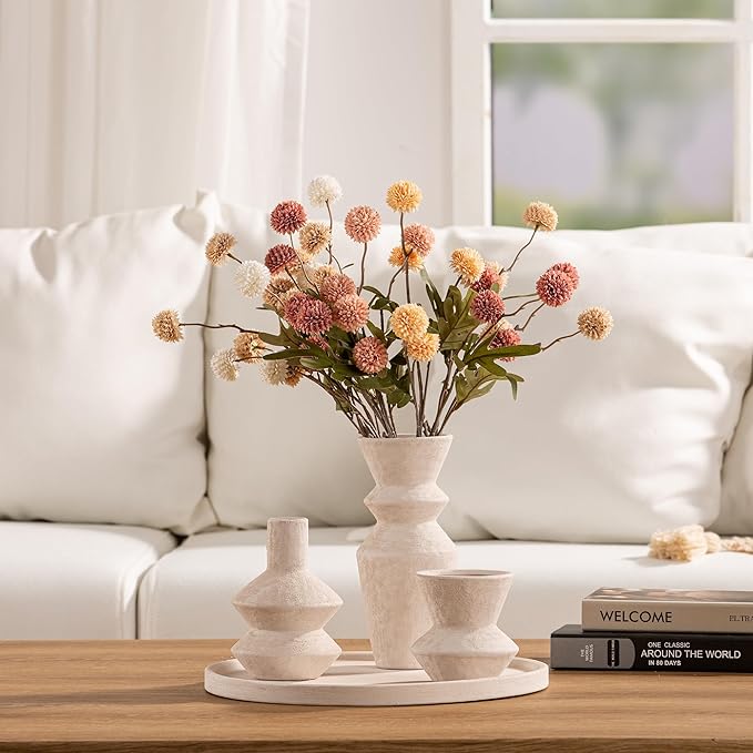 Ceramic Vase Home Table Decor - White Flower Vase Set of 3 Living Room Kitchen Decorations Farmhouse Modern Rustic Vases Decorative Centerpiece for Shelf Bedroom Office Bathroom Dining Coffee Desk