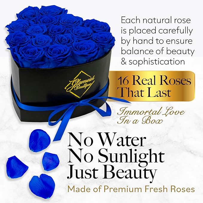 GLAMOUR BOUTIQUE 16 Flower Forever Heart Shape Box - Preserved Roses Gift for Her, Preserved Flowers, Blue