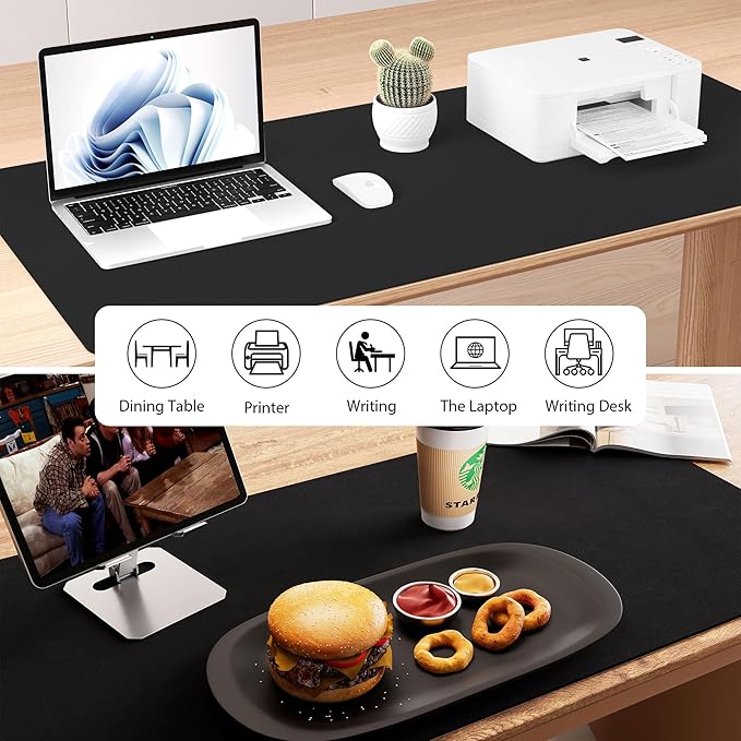 Aothia Dual-Sided Desk Pad - 35.4 x 15.7 inches Leather Desk Mat, Natural Cork Desk Pad Protector, Large Mouse Pad for Desk, Waterproof Desk Blotter Pad, Desk Writing Pad for Office Work/Home, Black