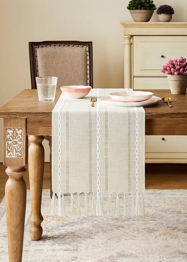 Hemstitched Farmhouse Table Runner, Beige 13x72 Inch, Cotton Linen Table Runners 72 Inches Long, Embroidered Striped Beige Boho Table Runner Rustic Home Decor