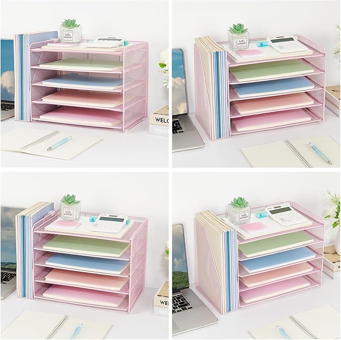 OPNICE 5-Tier Paper Organizer with Magazine Holder, Desk Organizers and Accessories, Office Desk Accessories & Workspace Organizers, Desktop File Organizer for Office Supplies Storage, Pink