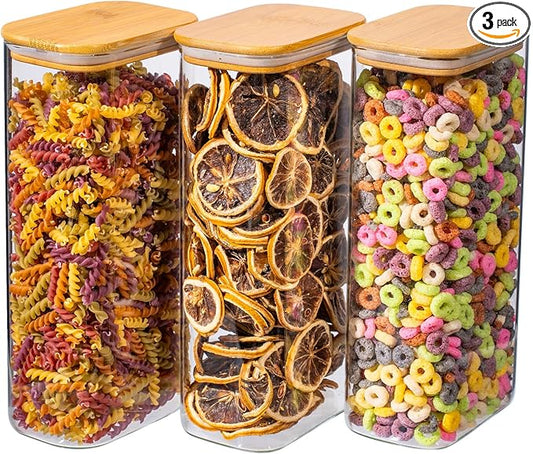 63oz 3PCS Rectangle Glass Storage Containers with Bamboo Lids, Glass Jars with Lids, Clear Food Jar, Square Canister, Pantry Organizers and Storage for Flour, Pasta, Coffee, Tea, Snack, Cookie