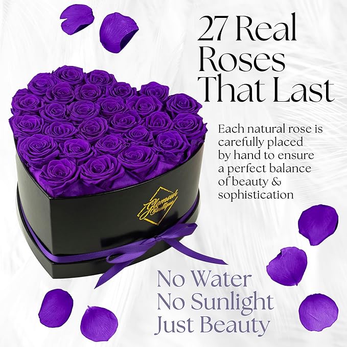 GLAMOUR BOUTIQUE 27 Flower Forever Heart Shape Box - Preserved Roses Gift for Her, Preserved Flowers, Purple