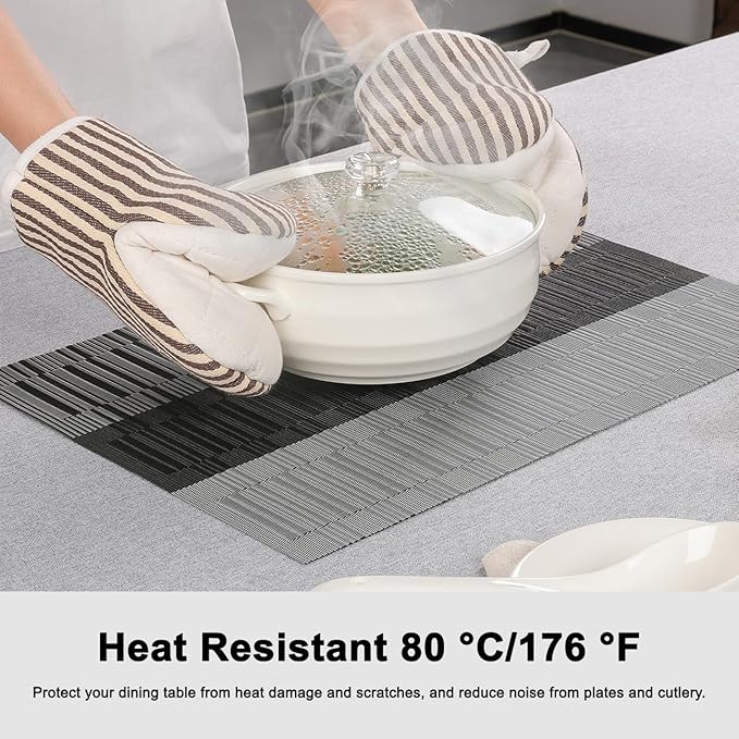 Placemats Set of 4, Vinyl Woven Place Mats Indoor Set of 4 Washable Wipeable PVC Table Mats Heat-Resistant Non Slip Plastic Placemat for Kitchen Dining Outdoor Table (Gray Black, Set of 4)