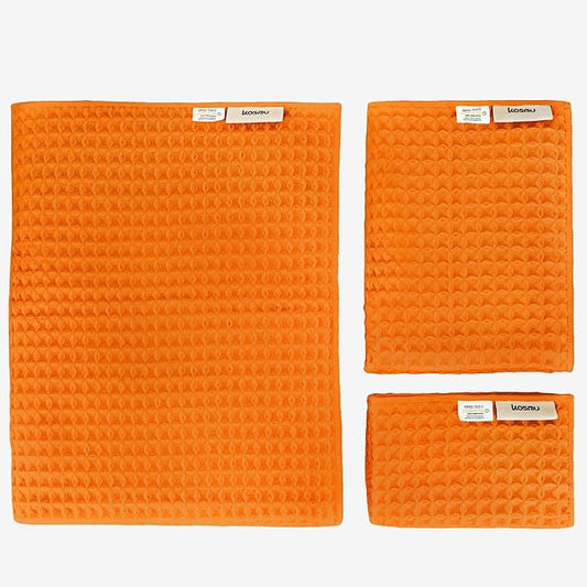 Luxury Japanese Cotton Waffle Bath Towel | Plush, Absorbent, and Quick Dry | Free Storage Bag Included (Coral Orange, Bath Towel Set (3-Piece))