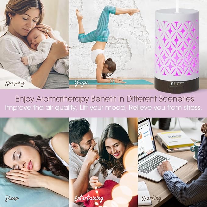 Earnest Living Essential Oil Diffuser for Home White Ceramic 100ml Aromatherapy Diffuser with 4 Timers 7 Night Lights and Auto Off Function (no Beep!) for Essential Oils Version 2