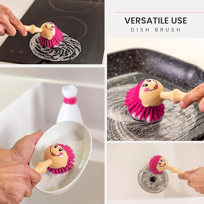 Vigar Dolls April Dish Brush with Ergonomic Handle and Dres-shaped Storage Holder - Scrub Brush for Pans, Pots, Kitchen Sink Cleaning, White, Pink