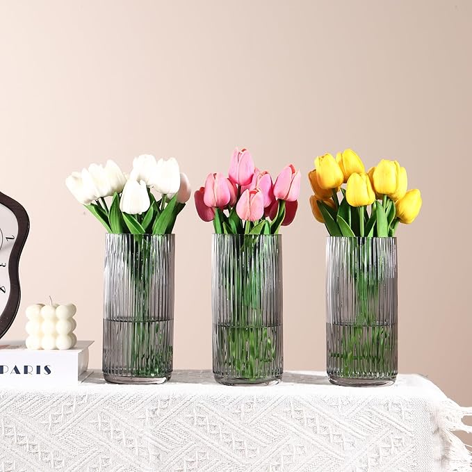 Black Glass Vases, Flower Vases Set of 3, Ribbed Glass Vase for Tulips, Tall Cylinder Glass Vases for Living Room, Bedroom, Dining Table, Office, Wedding, Bookshelf Decoration, 8 Inches