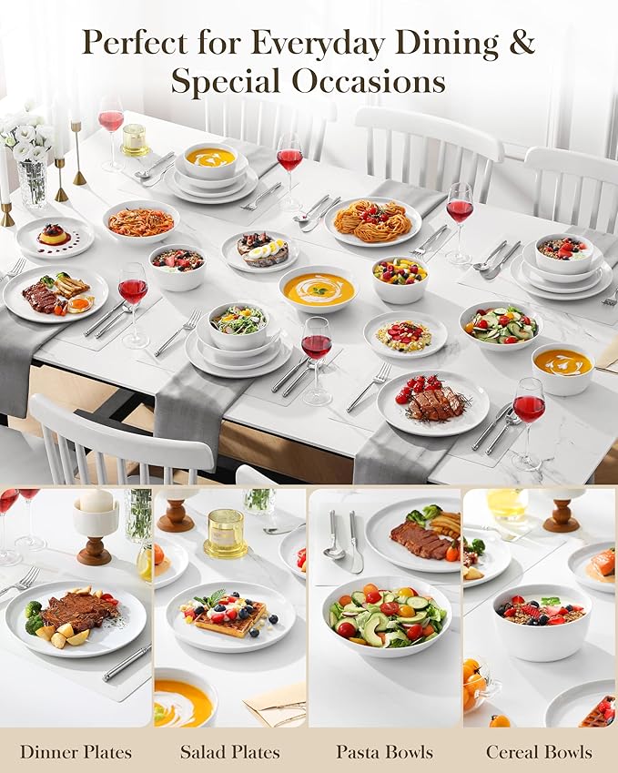 MALACASA 24 Pieces Gourmet Porcelain Dinnerware Sets, Premium Plates and Bowls Set, High-Fired Ceramic Dishes Set for 6, Chip & Scratch Resistant, Microwave Dishwasher Safe, White, Series LEXI