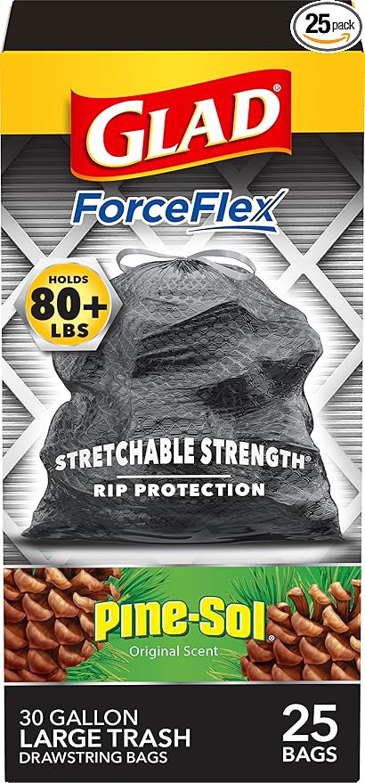 Glad Large 30 Gallon Trash Bags, Pine-Sol Heavy Duty Garbage Bags, Forceflex with Drawstring, 25 Count (Packaging May Vary)