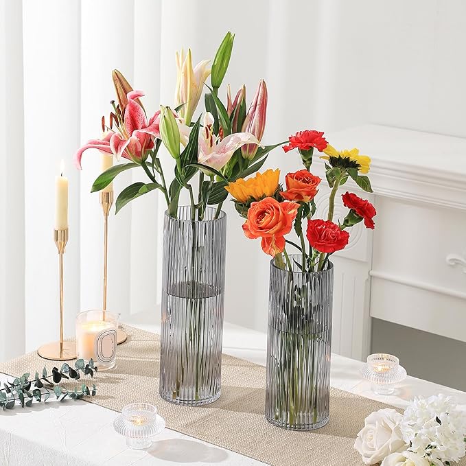 Black Glass Vase, Glass Flower Vase, Ribbed Glass Vase, Black Vase, Tall Cylinder Glass Vases for Centerpieces, Living Room, Bedroom, Dining Table, Office, Wedding, Bookshelf, 12 Inches