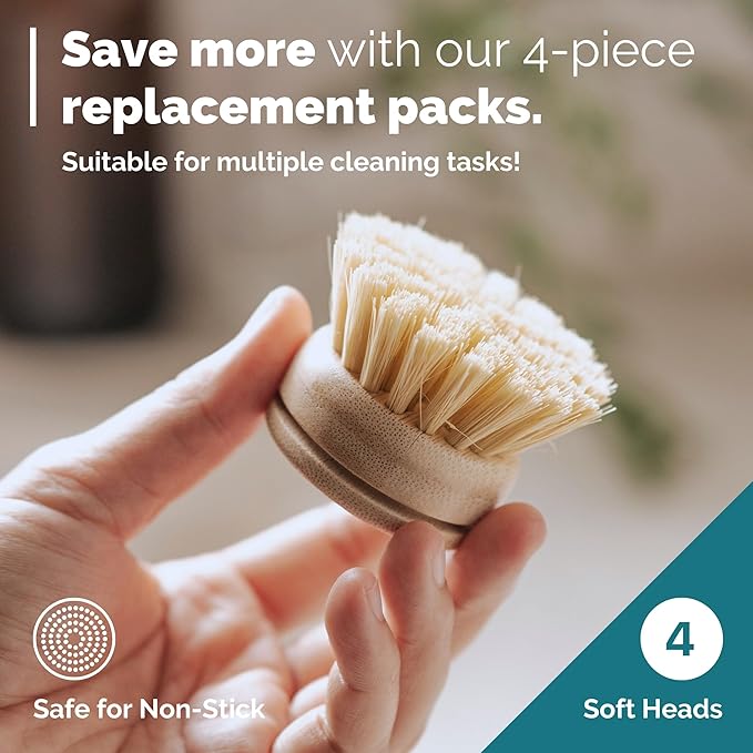 Jungle Culture Replacement Brush Heads for Eco Dish Brush • Wooden Washing Up Brush Heads Pack of 4 • Interchangeable Soft Bristle Refills • Natural Dish Scrubbers • Zero Waste Cleaning Products